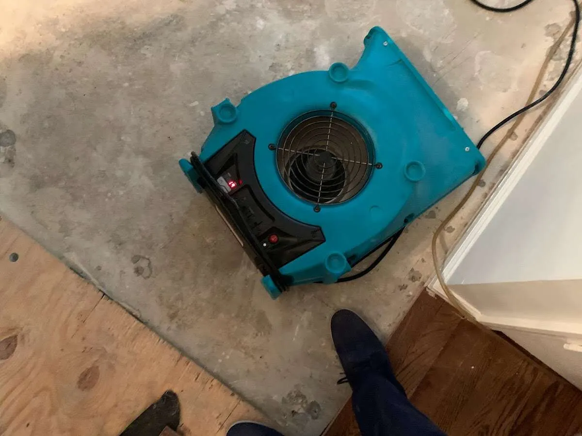 Air mover drying subfloor during Commercial Water Damage Restoration in Hayden